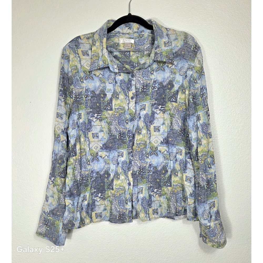 Christopher & Banks Womens Large Blue Green Abstract Button Down Shirt L/S
